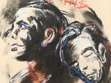 an image of a painting of two monkeys with a peace sign in the background