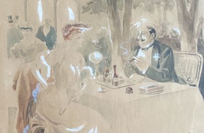 une peinture représentant un homme et une femme assis à une table