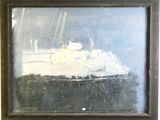 an oil painting of a boat in a body of water with a sky in the background