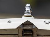 the hood ornament of a white car with the word vw on it