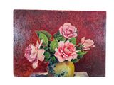 a painting of pink roses in a vase on a table