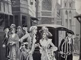an old picture of a man and a woman standing in front of a horse drawn carriage