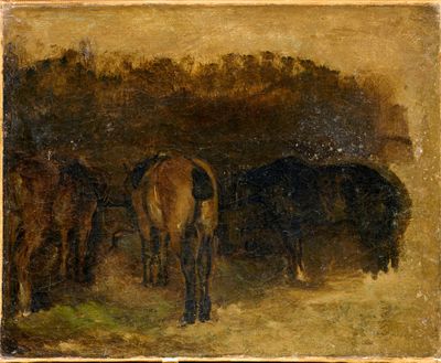 tableau représentant un groupe de chevaux paissant dans un champ, avec des arbres en arrière-plan