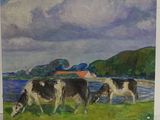 painting of two cows grazing in a field near a body of water