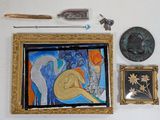 a picture of a wall with a painting, a hat, a knife, and other items