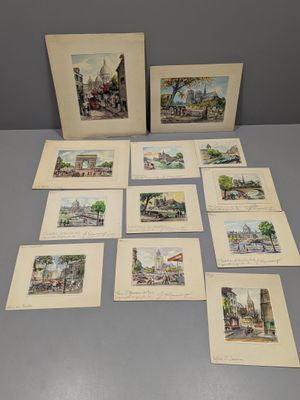 six reproductions encadrées représentant une scène urbaine avec une tour horloge en arrière-plan