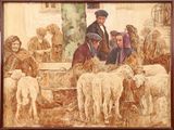 a painting of a group of people with sheep