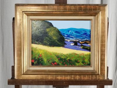 an oil painting of a landscape with a bridge over a river