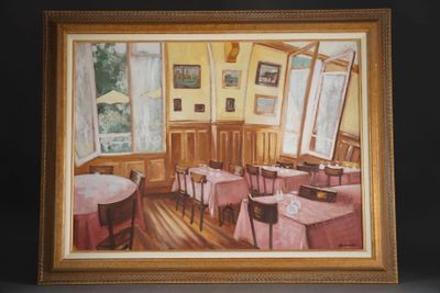a painting of a dining room with tables and chairs