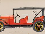 dessin représentant une vieille voiture rouge avec un toit noir et des jantes jaunes