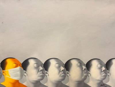 un tableau représentant un groupe d'hommes portant des masques