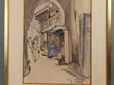 tableau représentant une scène de rue avec un homme et une femme sur le seuil d'une porte