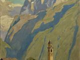 tableau représentant un village de montagne avec une tour horloge au premier plan