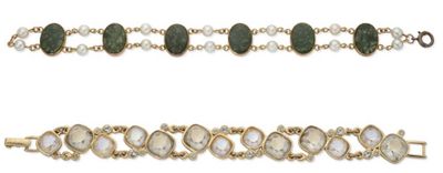 three different bracelets with pearls and stones on a white background