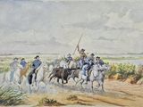 tableau représentant un groupe d'hommes à cheval sur une plage