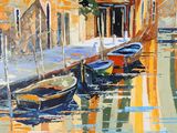 a painting of boats docked on the water near a building