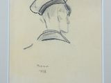 dessin représentant un homme coiffé d'un bonnet de marin, dans un cadre blanc