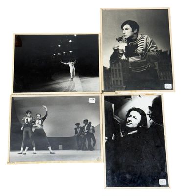 four black and white photographs of a woman performing on stage