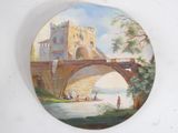 a picture of a painting of a bridge with a castle in the background