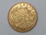 a close up of a gold coin on a white surface