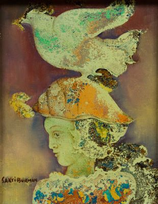 an image of a painting of a woman with a bird on her head