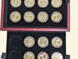 an image of a display case with twelve gold coins in it