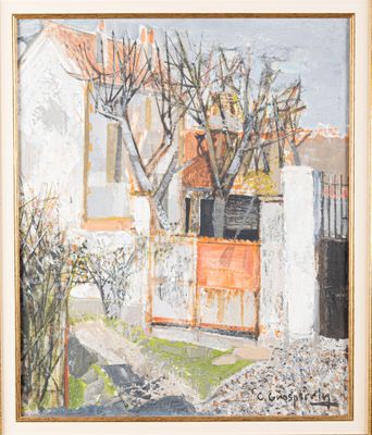 une image représentant un tableau d'une maison avec un arbre devant