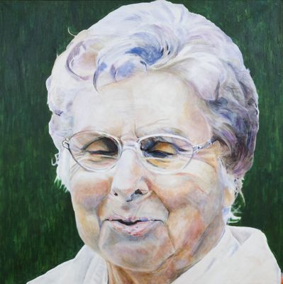 painting of an older woman with glasses and a white shirt