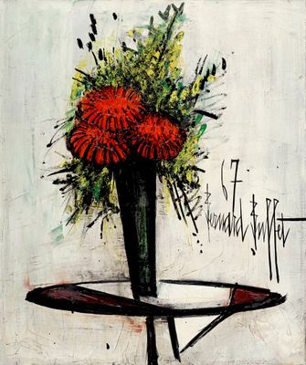 une peinture représentant un vase de fleurs sur une table