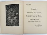 an open book with a black and white drawing of a man on a horse