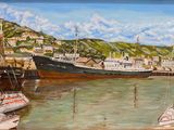 painting of a painting of a boat in a harbor with a town in the background