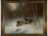 un tableau représentant deux ours dans la neige, près d'un arbre
