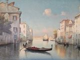 a painting of a gondola on the water in the city