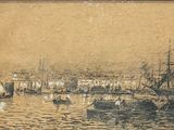 une image représentant un dessin d'un port avec des bateaux