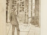 a drawing of a man standing in front of a door