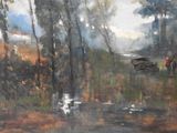 a painting of a man riding a horse in the woods