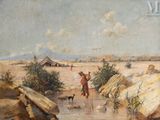 une image représentant un tableau où l'on voit un homme et un chien dans le désert