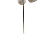 three white lamps on a metal pole with a white base