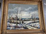 an oil painting of a snowy landscape with a person walking in the snow