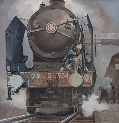 a painting of a man sitting on the front of a train