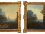 deux tableaux représentant un paysage de montagne avec une grotte et un homme dans un bateau