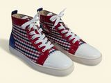 red, white and blue checkered high top sneakers with white laces
