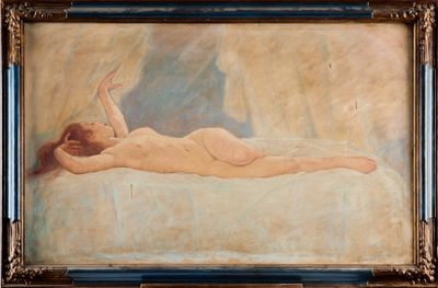 tableau représentant une femme nue allongée sur un lit dans une chambre