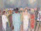 a painting of a group of people standing in front of a painting easel