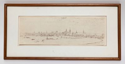 drawing of a view of a city with a boat in the foreground