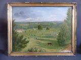 tableau représentant un paysage avec un cheval paissant dans un champ