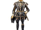 figurine représentant un homme vêtu d'une tenue noire et dorée