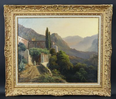 un tableau représentant un paysage avec une maison et des montagnes en arrière-plan