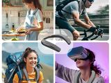 four different pictures of a woman riding a bike and a man riding a bike