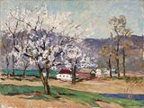 une image d'un tableau représentant un paysage avec des arbres et une maison